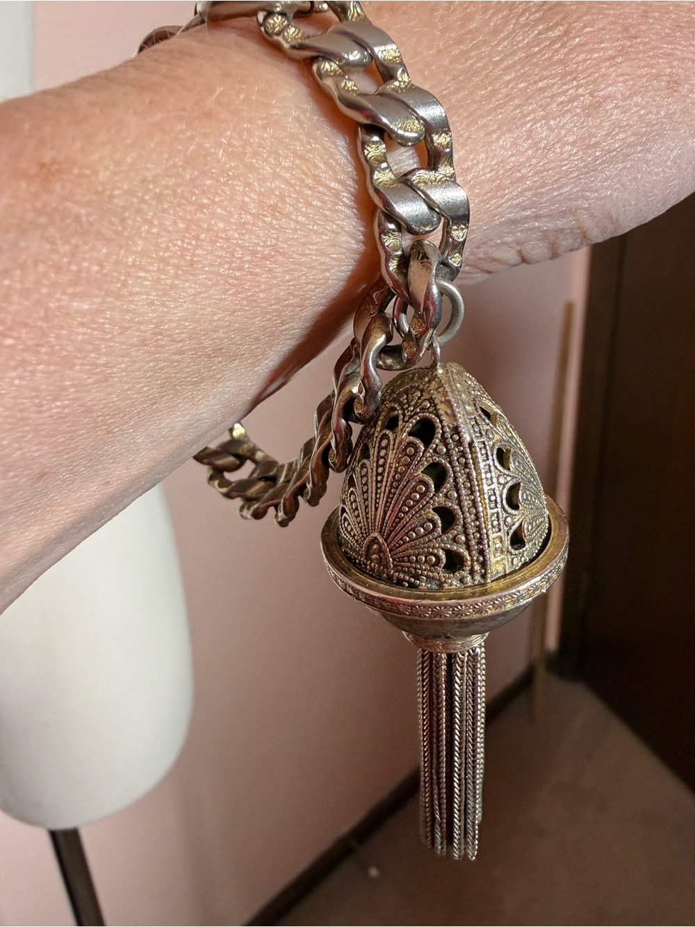 Vintage Victorian Revival perfume pomander Charm Cuban Chain Bracelet Oversized